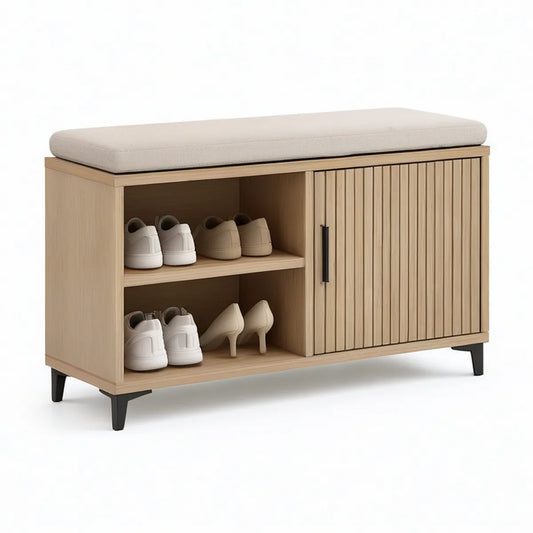 Botník s polstrovaným sedákem 100 × 35 × 50 cm, světlý dub/béžová/černá